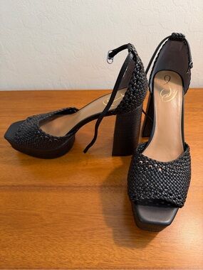 Sam Edelman Nattie Woven Black Platform Block Heel Sandals